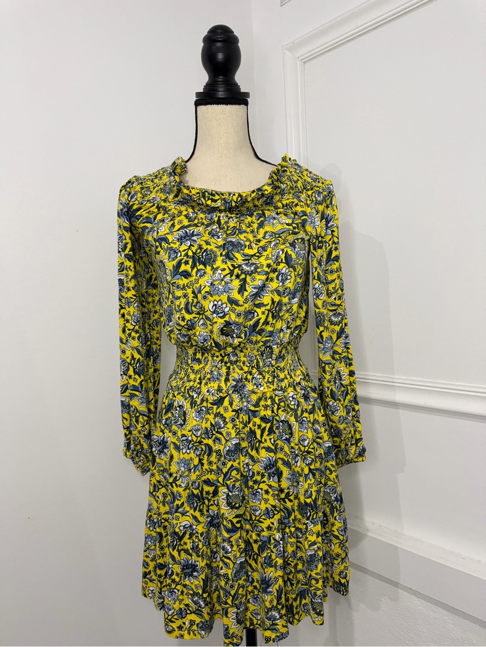 Michael Kors Yellow Floral Long Sleeve Smocked-Waist Dress